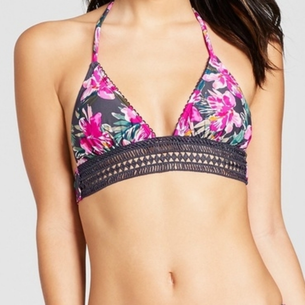 Pink and Gray Floral Bikini Top